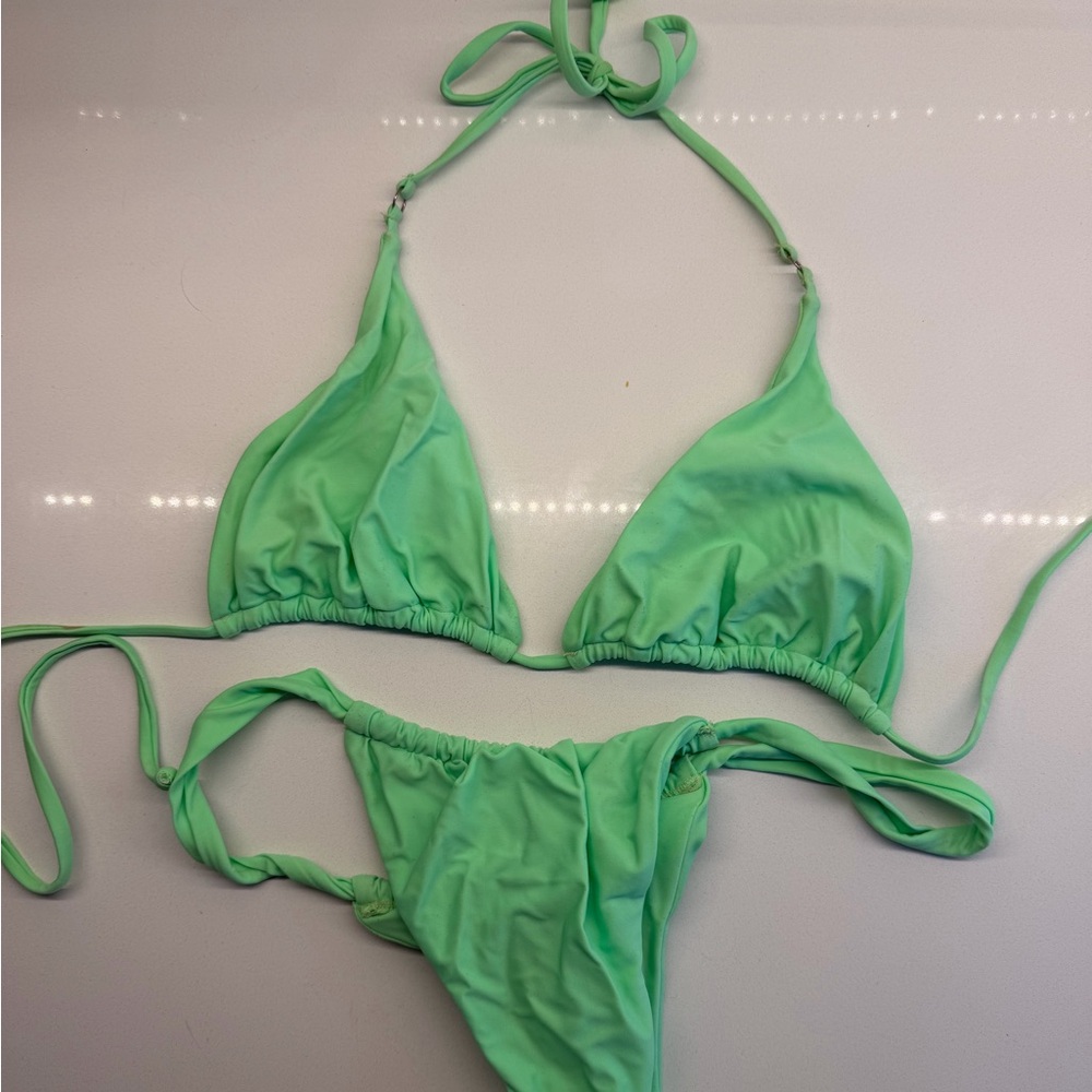 Neon Green Cheeky Bikini Set | Size Medium | Triangle Top + Tie Bottoms - Picture 4 of 4
